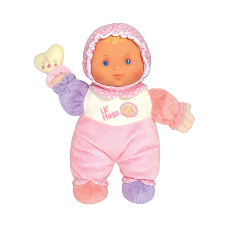 JC TOYS Lil Hugs Babys First Soft Doll, Pastel Outfit w/Rattle, 12in Caucasian 48000
